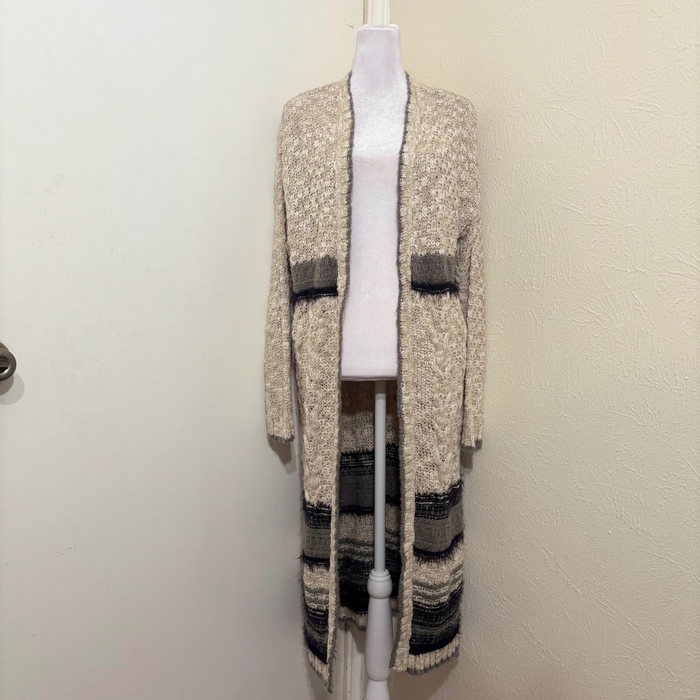 Cream Gray Striped Extra Long Cardigan Sweater Open Front Boho Fall Cozy Witchy